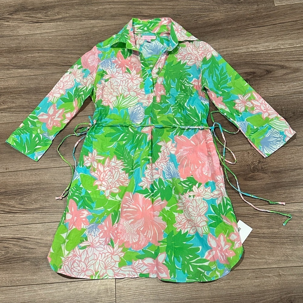 Lilly Pulitzer Tropical Green and Pink Shirt Dress with Tie XS